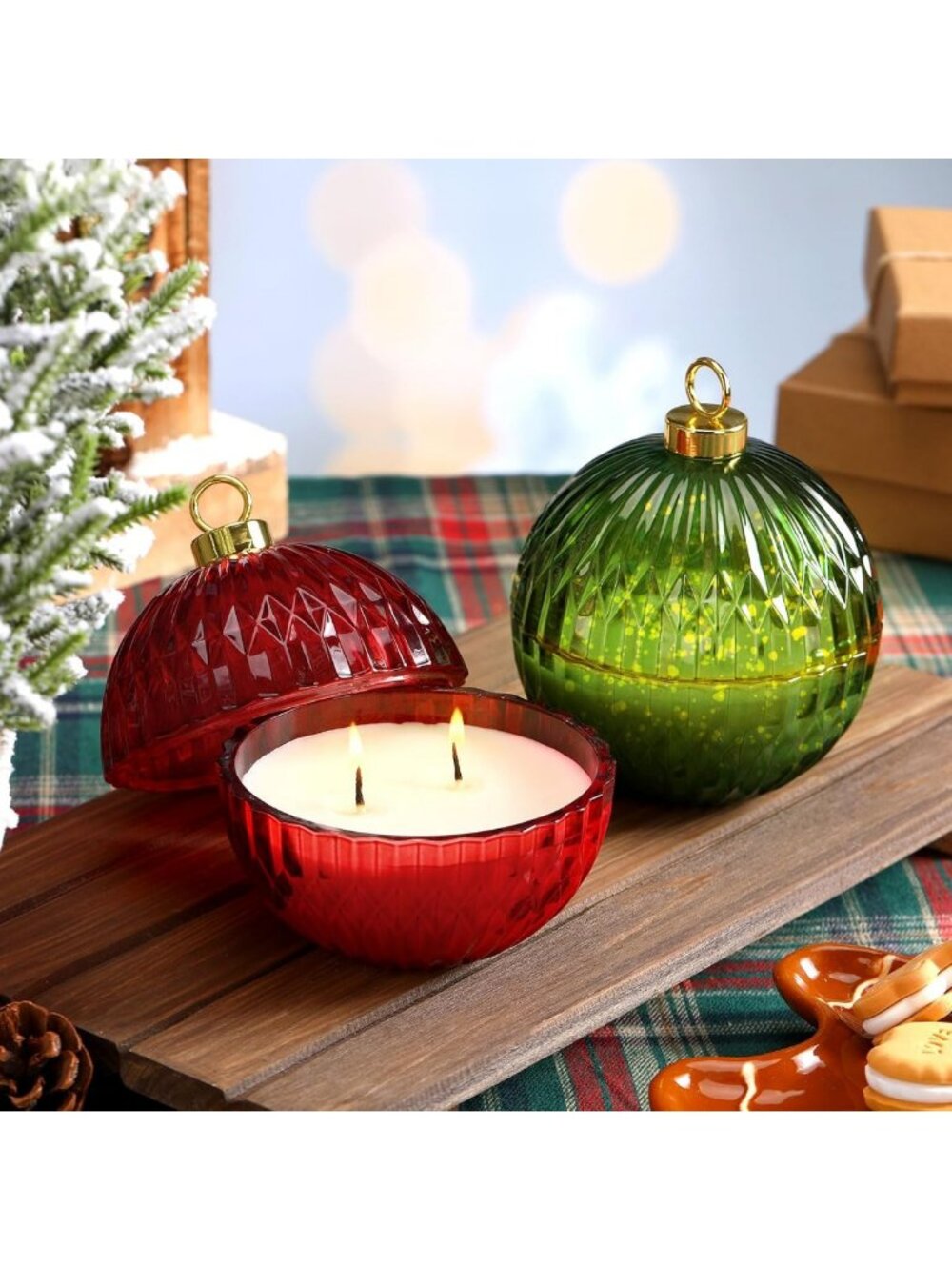 Festive 2-Pack Red & Green Christmas Ball Candles | Fir & Cinnamon Scented Decor